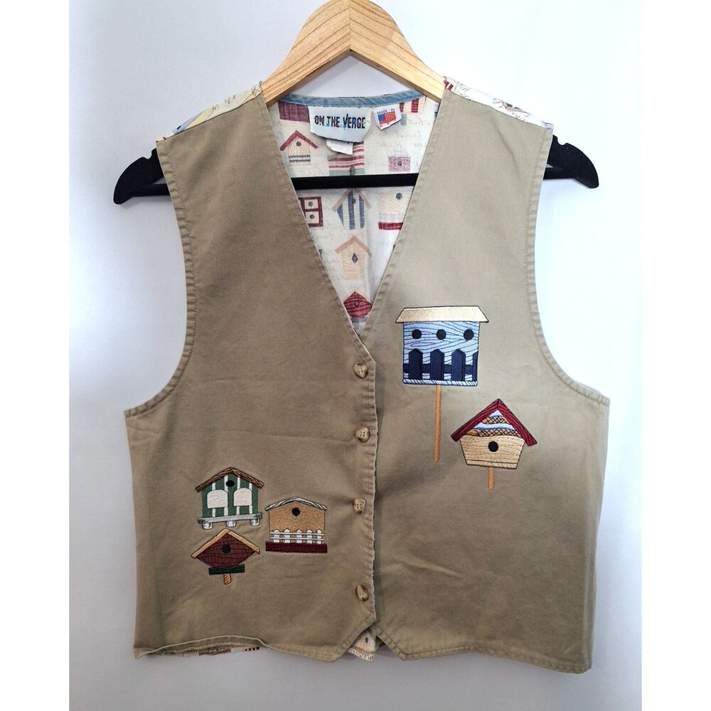 Vintage On The Verge Sz L Teacher Birdhouse Country Cottagecore Vest Cotton USA